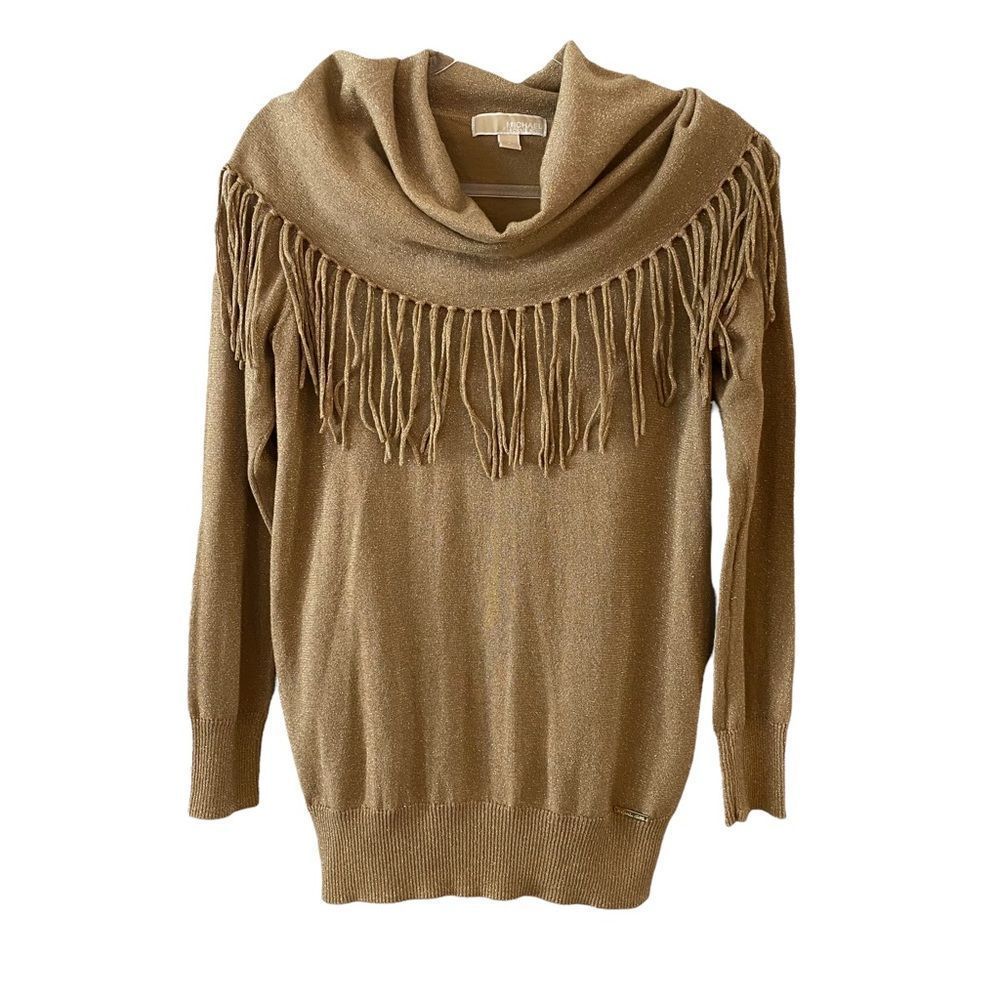 Michael Kors gold metallic cowl neck long sleeved sweater with fringe